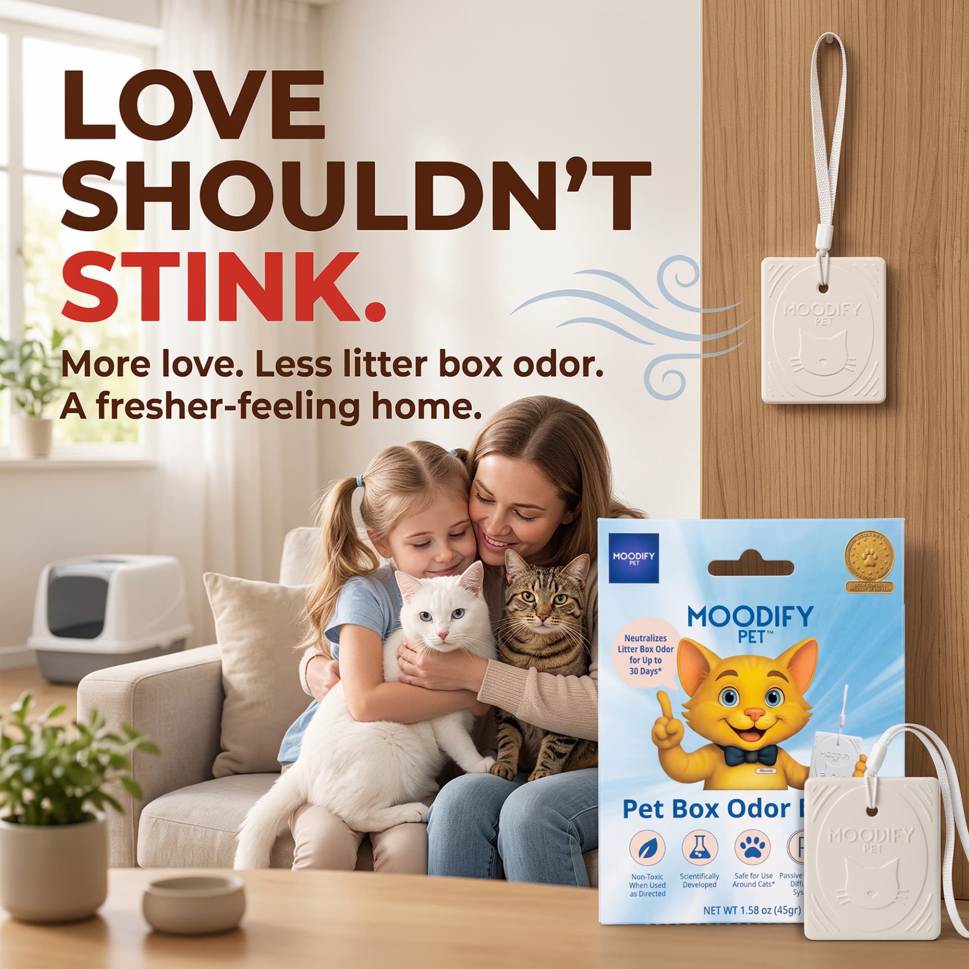 A family with cats using MoodifyPet MP1 for a fresher-feeling home with less litter-box odor