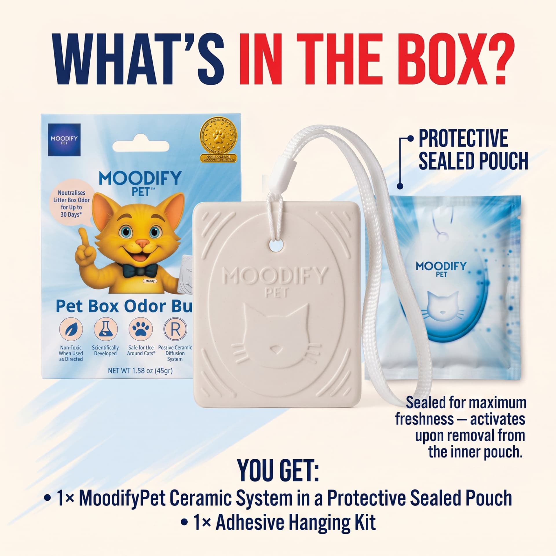 What's included with MoodifyPet MP1: one ceramic hanging odor-control system in a protective sealed pouch and one adhesive hanging kit