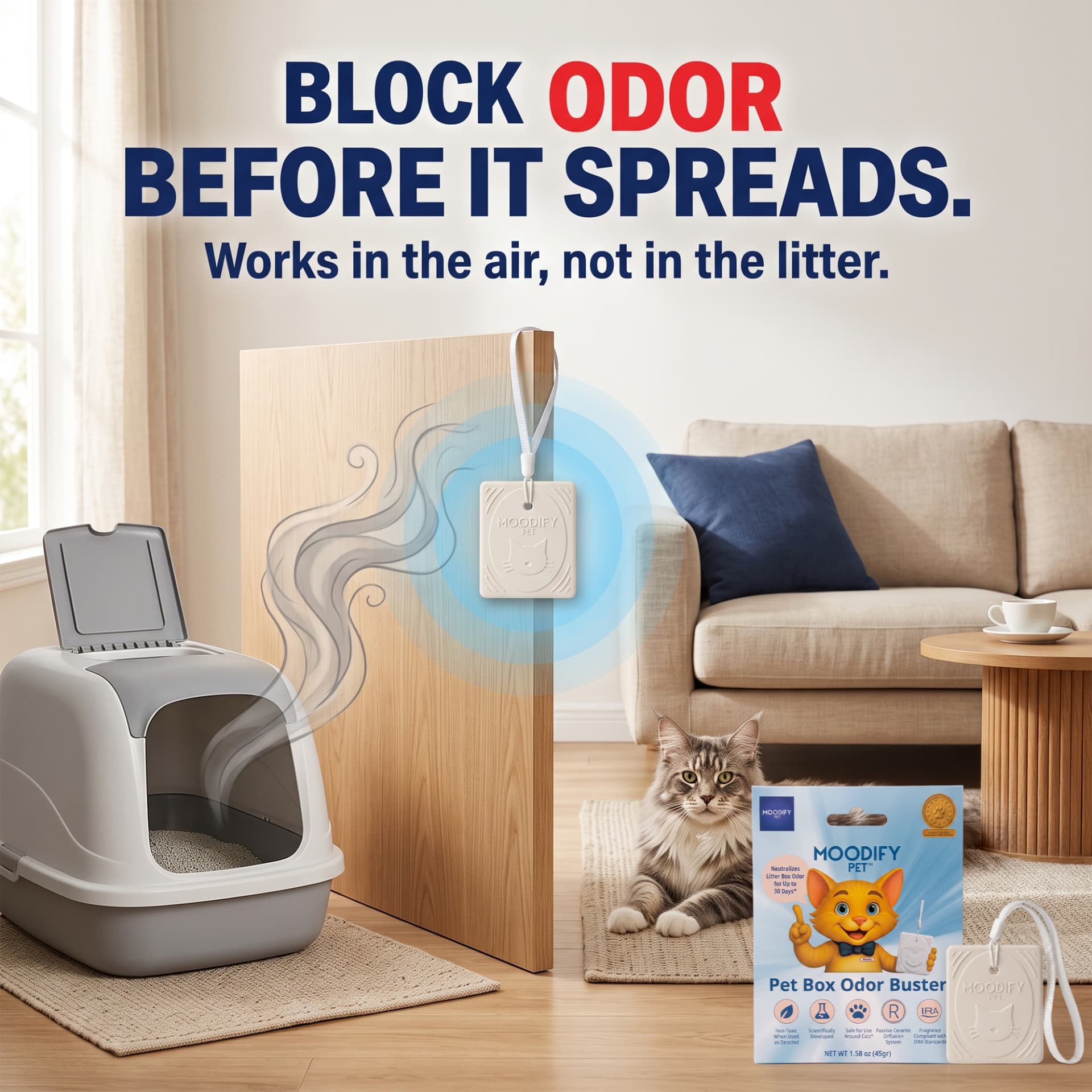 MoodifyPet MP1 hanging near a litter box to help neutralize odor in the surrounding air before it spreads
