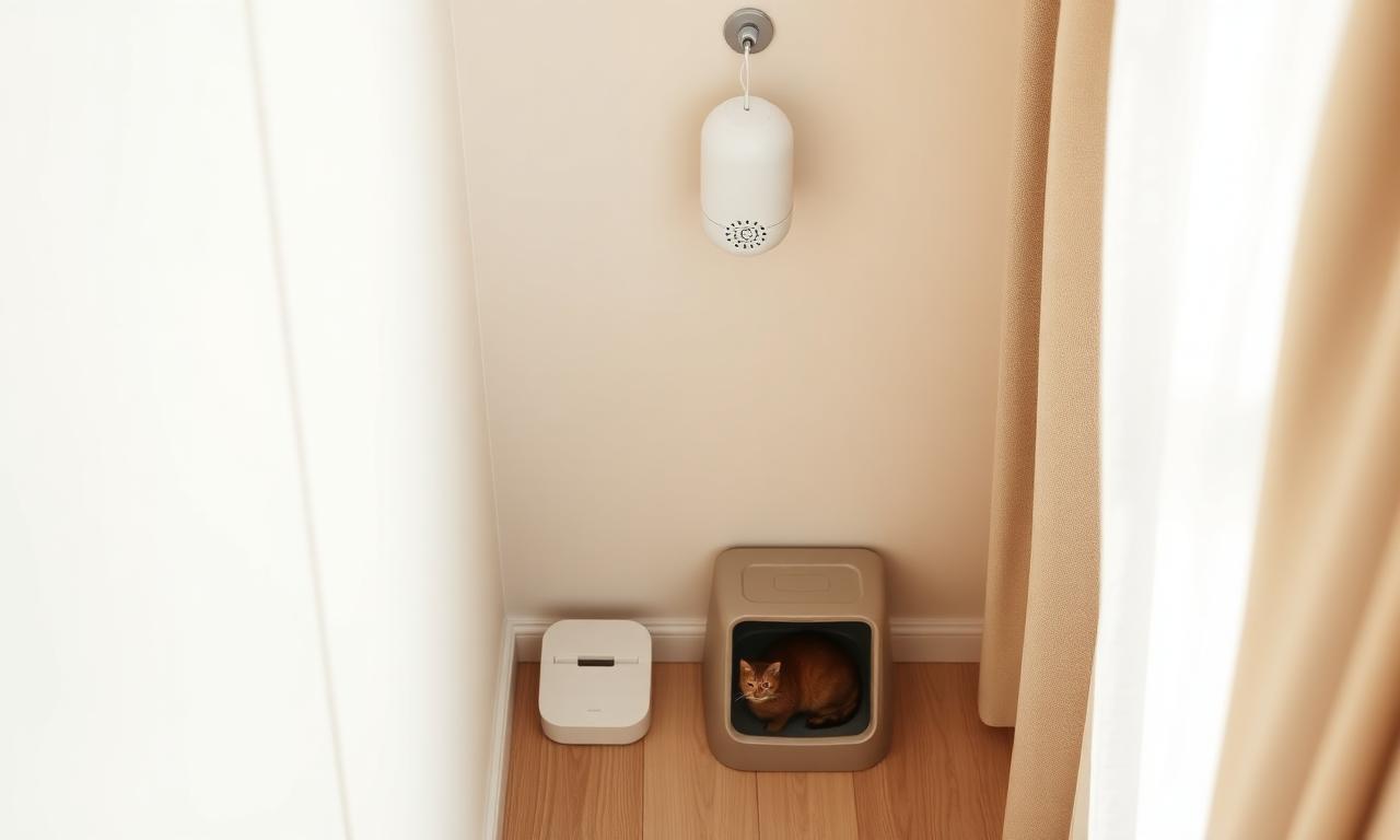 Cat smell remover apartment guide — fragrance-free during use MoodifyPet system above a clean litter box in a small modern apartment