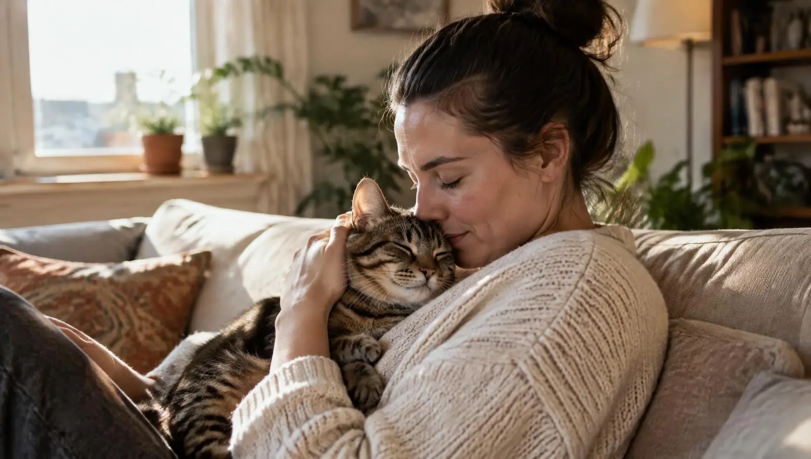 A woman holding her tabby cat close on the sofa in a sunlit home
