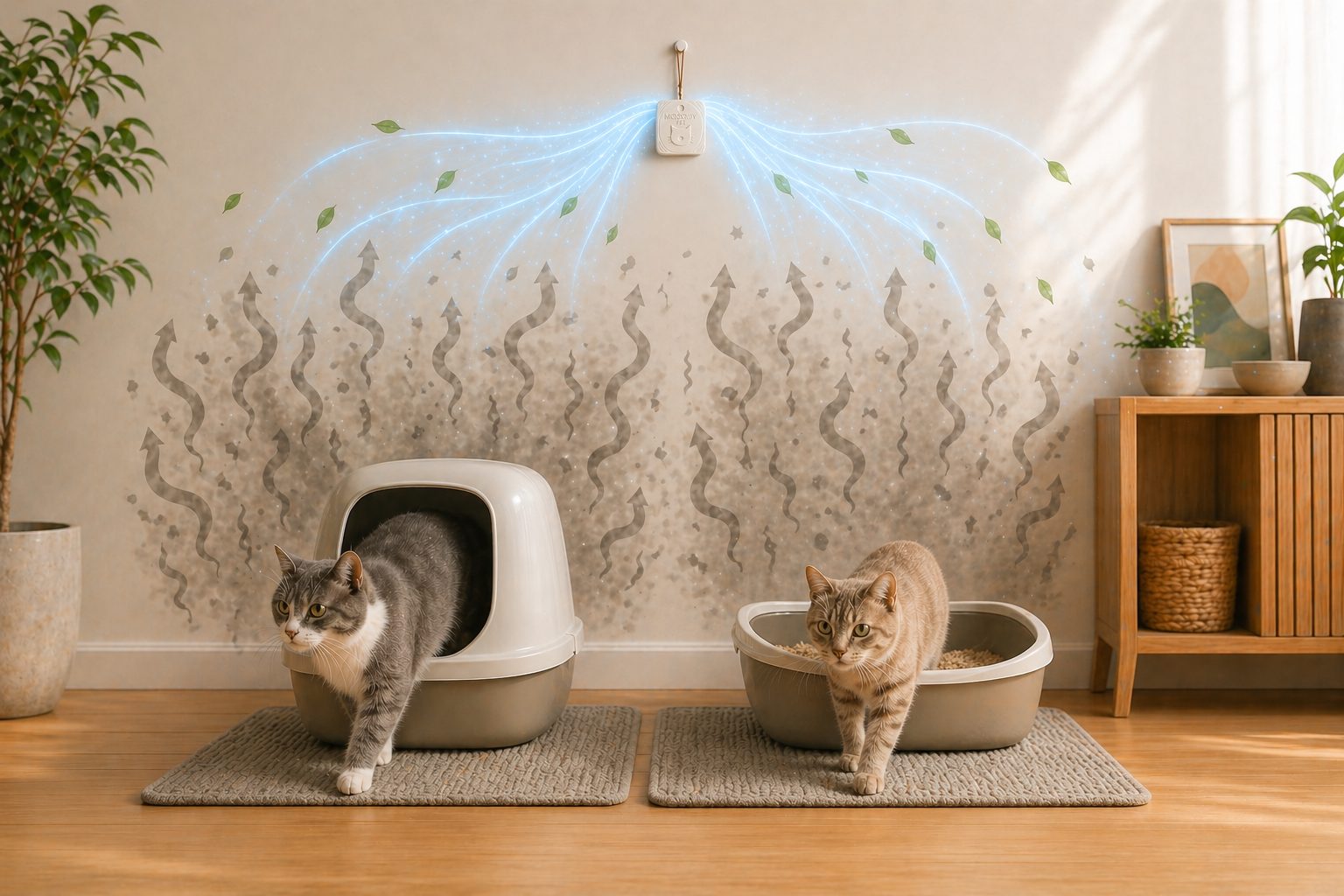 MoodifyPet system hanging near a cat litter box, neutralizing odor in the air around the box so it doesn't spread into the room