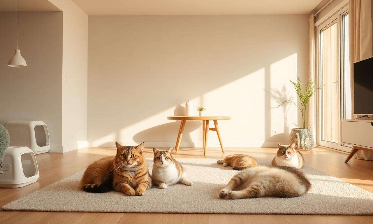 Multi cat litter box odor solution — three cats lounging in a calm modern living room with clean litter boxes and a MoodifyPet pet odor eliminator for home