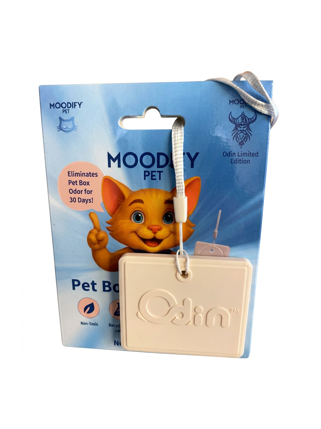Front of the MoodifyPet Odin Limited Edition retail blister card on a clean white background, featuring Moody the orange cat and the white Odin embossed system hanging in front — eliminates pet box odor for 30 days