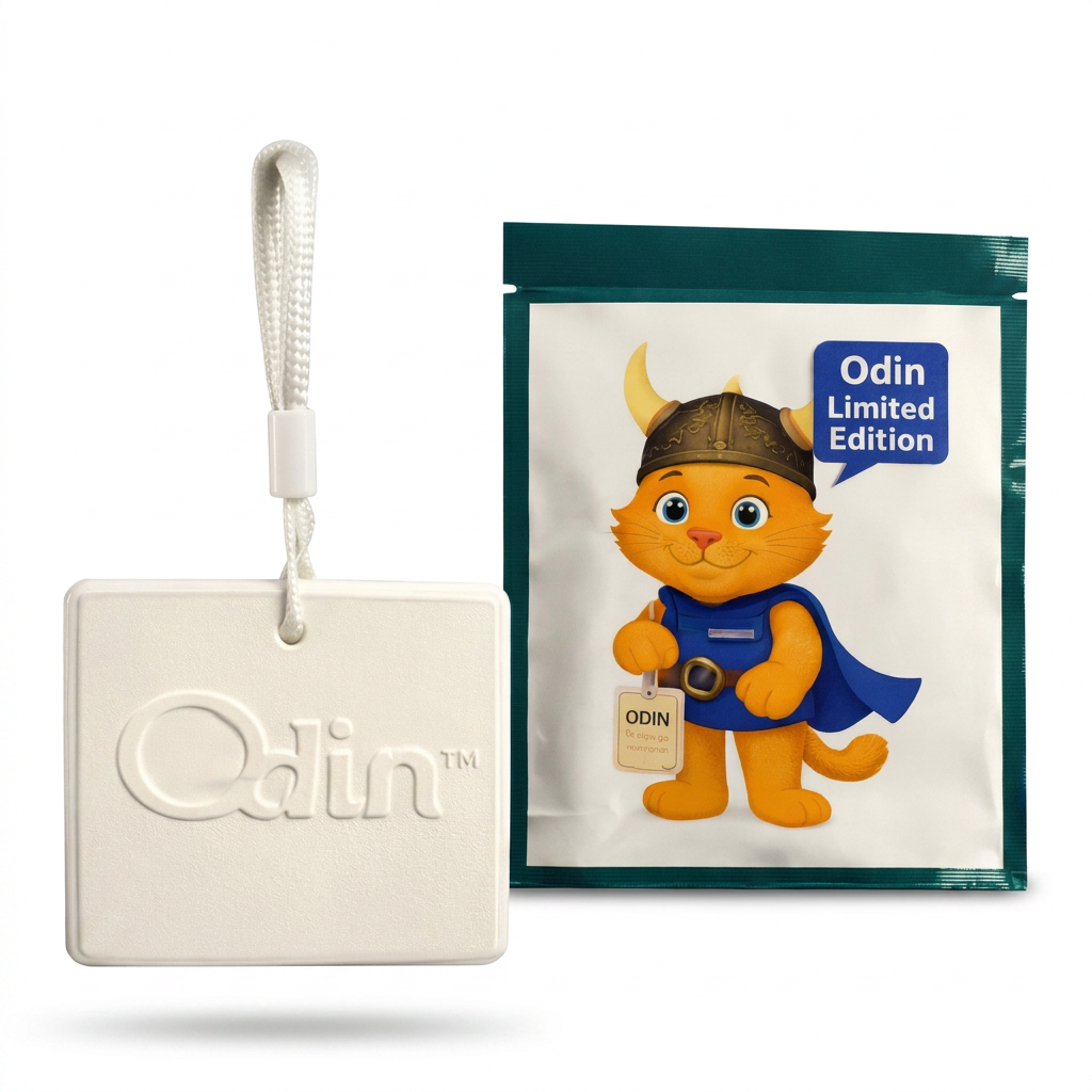 MoodifyPet Odin Special Edition white embossed system on its lanyard, displayed next to the green Odin Limited Edition foil pouch it ships in — fragrance-free 30-day cat litter box odor neutralizer