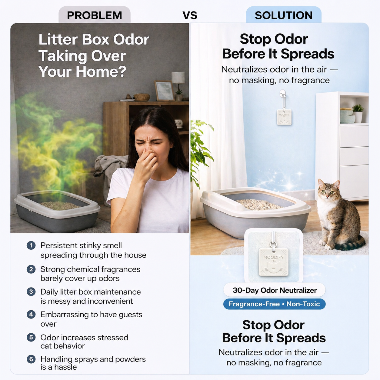 MoodifyPet 1 Unit · Cat Litter Odor Eliminator problem vs solution — stops cat litter box odor before it spreads, neutralizes odor in the air, fragrance-free during use and non-toxic 30-day odor neutralizer
