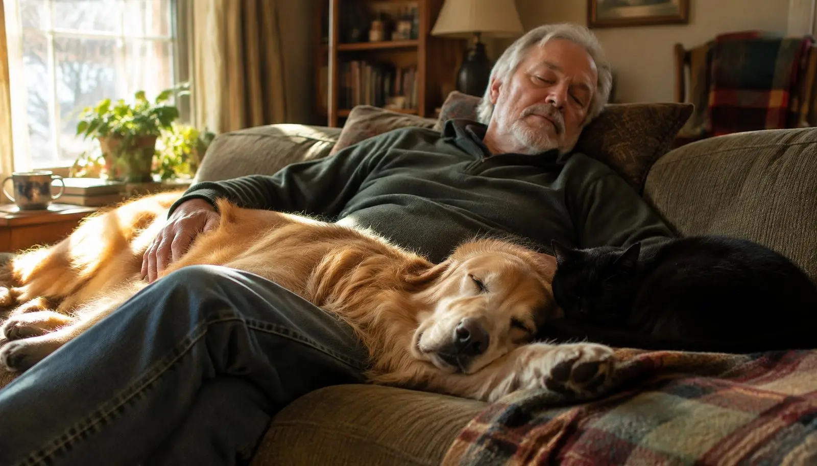 A man resting on the couch beside his sleeping golden retriever and black cat